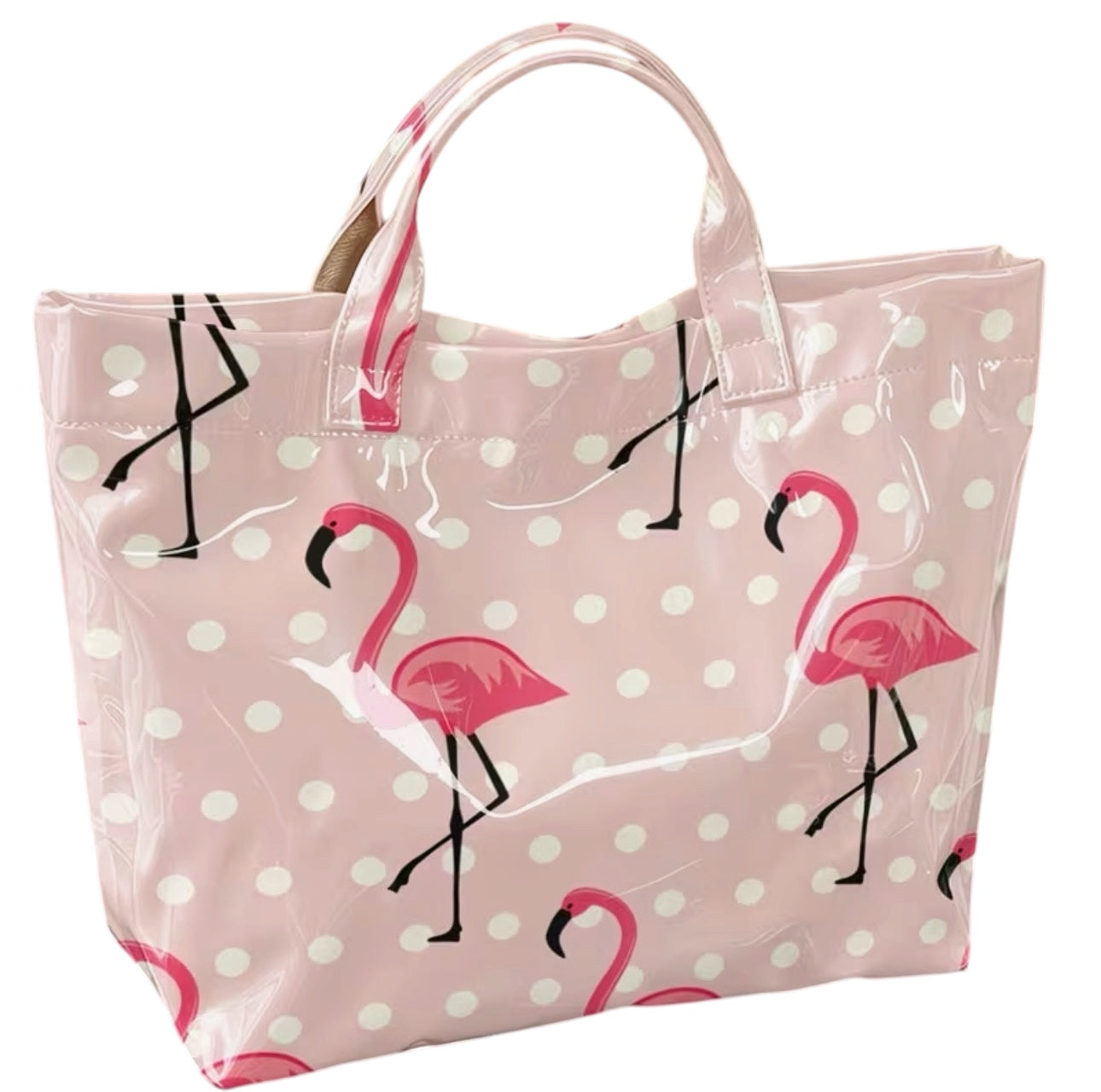 Pink polka dot flamingo tote bag with large water-resistant PU-coated design.
