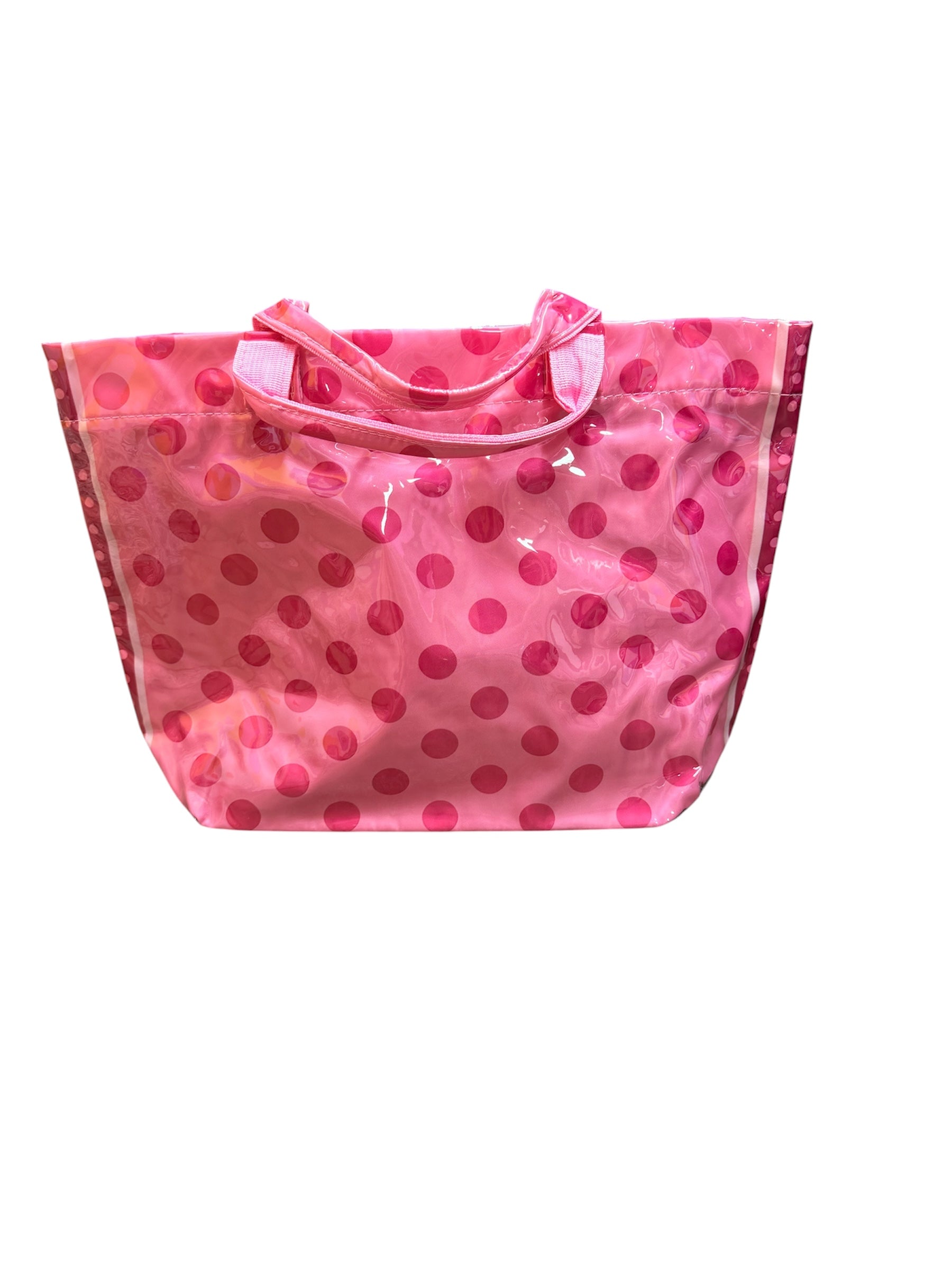 Light pink PVC tote bag with dark pink polka dots, sturdy handles, and striped sides.