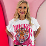 White graphic tee with jeweled leopard, pink Spoiled lettering, and hot pink feather collar.