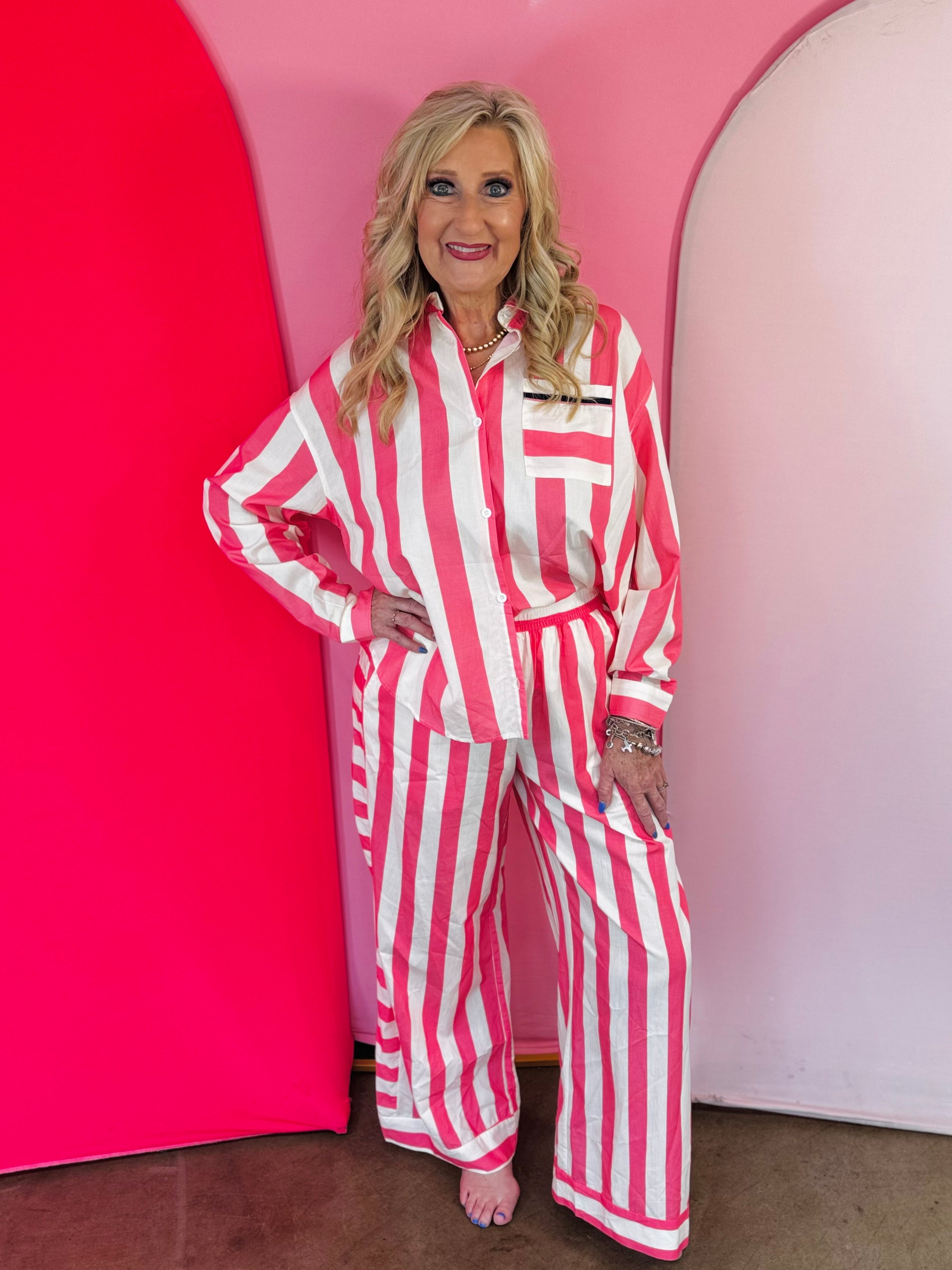 Pink striped  button-front lounge top with Vacay Mode embroidery on back 