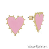 Light pink enamel heart stud earrings with gold accent studs, .75 inch size.