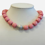 Chunky bubblegum pink faceted bead necklace with silver tone spacers and focal bead