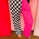 Pink zebra and checkered wide leg pants with elastic waistband.