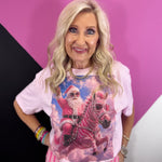 Pink tee with Santa riding a zebra and rhinestones.