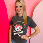 Charcoal pirate skull tee with pink star eyes and stars
