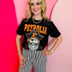 Black Petrolia Pirates tee with orange graphic and jeweled collar.