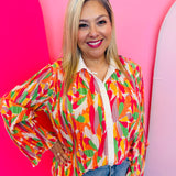 Colorful pleated floral top with flare sleeves and relaxed fit