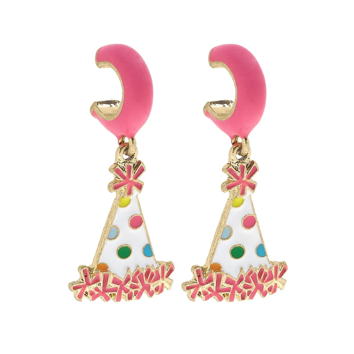 Pink enamel party hat huggie earrings with colorful polka dots and gold-tone finish.