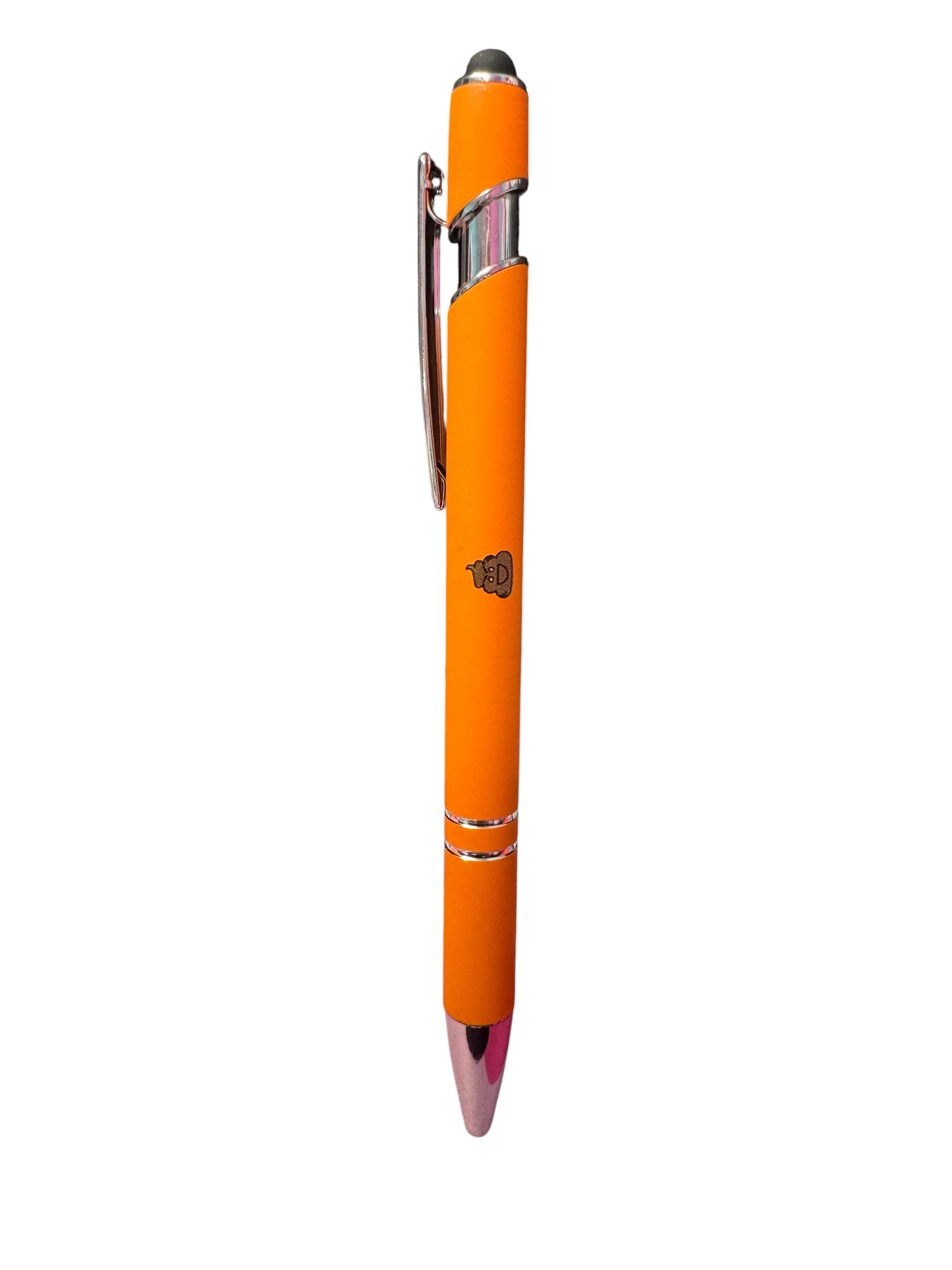 Orange Poop pen with black graphic, stylus tip, and soft-touch finish.