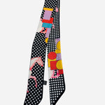 Black twilly scarf with colorful horse illustrations and geometric prints.