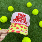 Canvas softball hat with Three Strikes You're Out embroidery and yellow polka dot bill