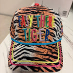 Animal print Easy There Tiger hat with colorful embroidery and bright blue rope trim.