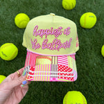 Yellow ballpark hat with pink embroidery, softball details, hearts, and playful designs.