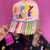 Neutral teacher hat with colorful Happy Teacher embroidery, striped bill, and classroom details.