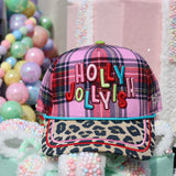 Pink plaid Holly Jollyish Christmas hat with leopard bill and colorful embroidery.