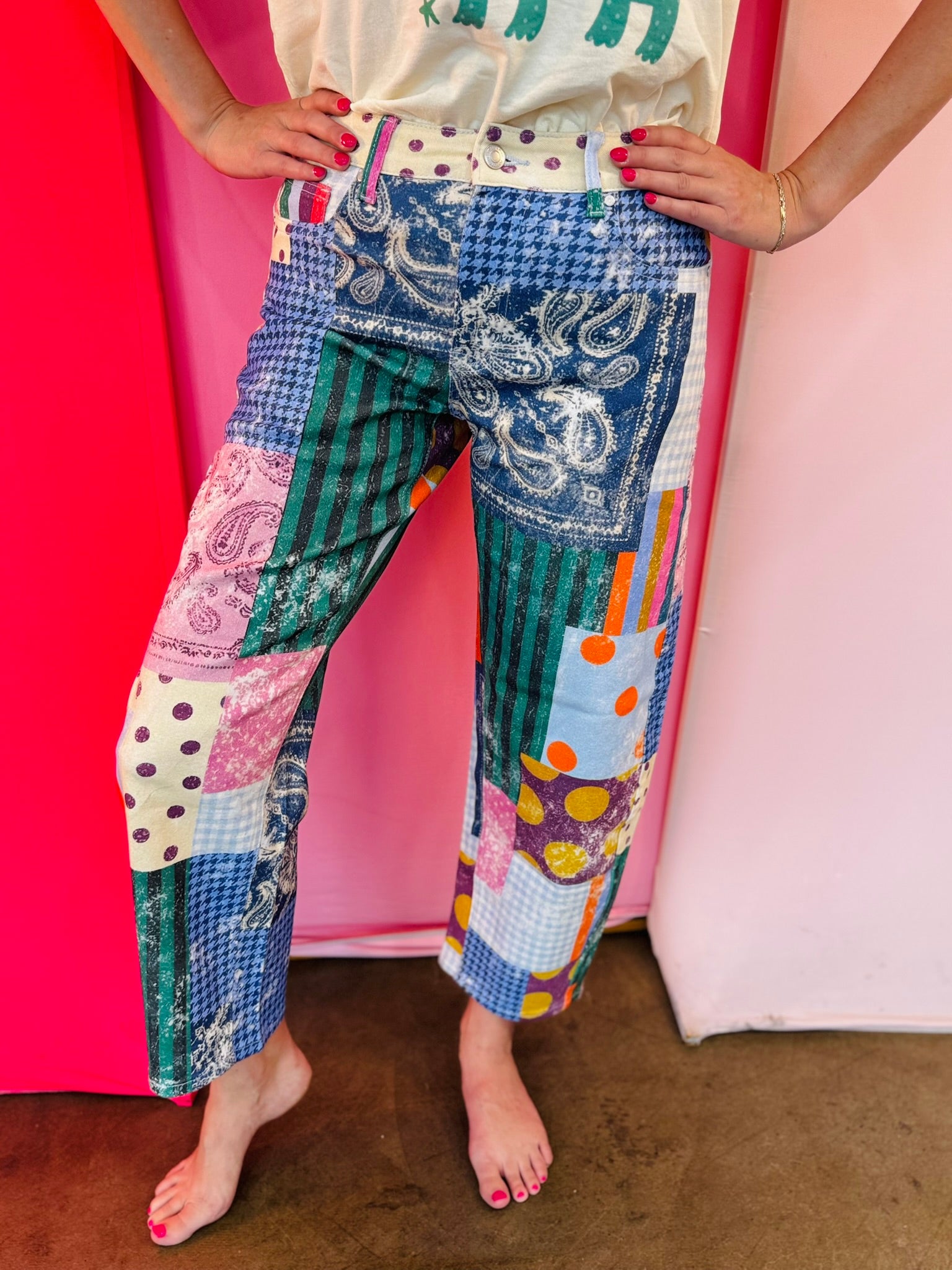 Colorful Poppy & Pine patchwork wide leg pants with lace pocket detail.