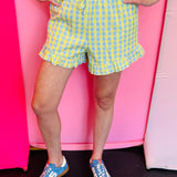 Yellow & Blue Gingham Ruffle Shorts