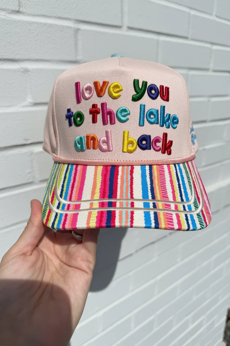 Colorful lake-themed hat with striped bill, star details, and Love You To The Lake & Back embroidery.