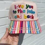Colorful lake-themed hat with striped bill, star details, and Love You To The Lake & Back embroidery.