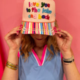 Colorful lake-themed hat with striped bill, star details, and Love You To The Lake & Back embroidery.
