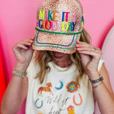 Fawn print canvas hat with colorful Make It a Good Day embroidery and snapback closure