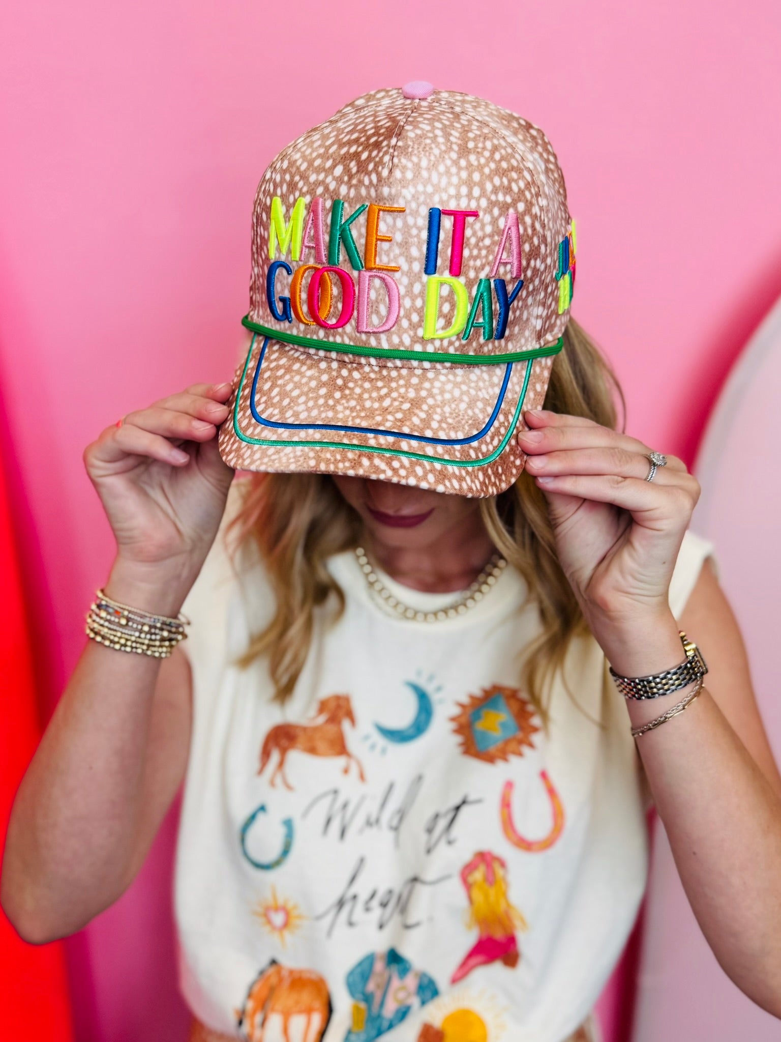 Fawn print canvas hat with colorful Make It a Good Day embroidery and snapback closure
