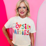 Ivory cropped graphic tee with colorful Oopsie Daisies lettering and retro floral design