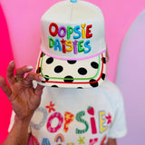 Colorful embroidered Oopsie Daisies hat with polka dot bill and floral side details