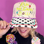 Game day hat with Run The Dang Ball embroidery, football details, and polka dot brim.