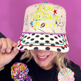 Game day hat with Run The Dang Ball embroidery, football details, and polka dot brim.
