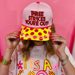 Canvas softball hat with Three Strikes You're Out embroidery and yellow polka dot bill