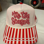 Pink polka dot Christmas hat with Tis The Season embroidery and striped bill.