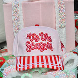 Pink polka dot Christmas hat with Tis The Season embroidery and striped bill.