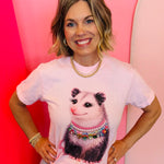 Pastel pink possum tee with colorful rhinestone jeweled collar detail.