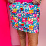 Tropical print skort with built-in shorts and elastic waistband