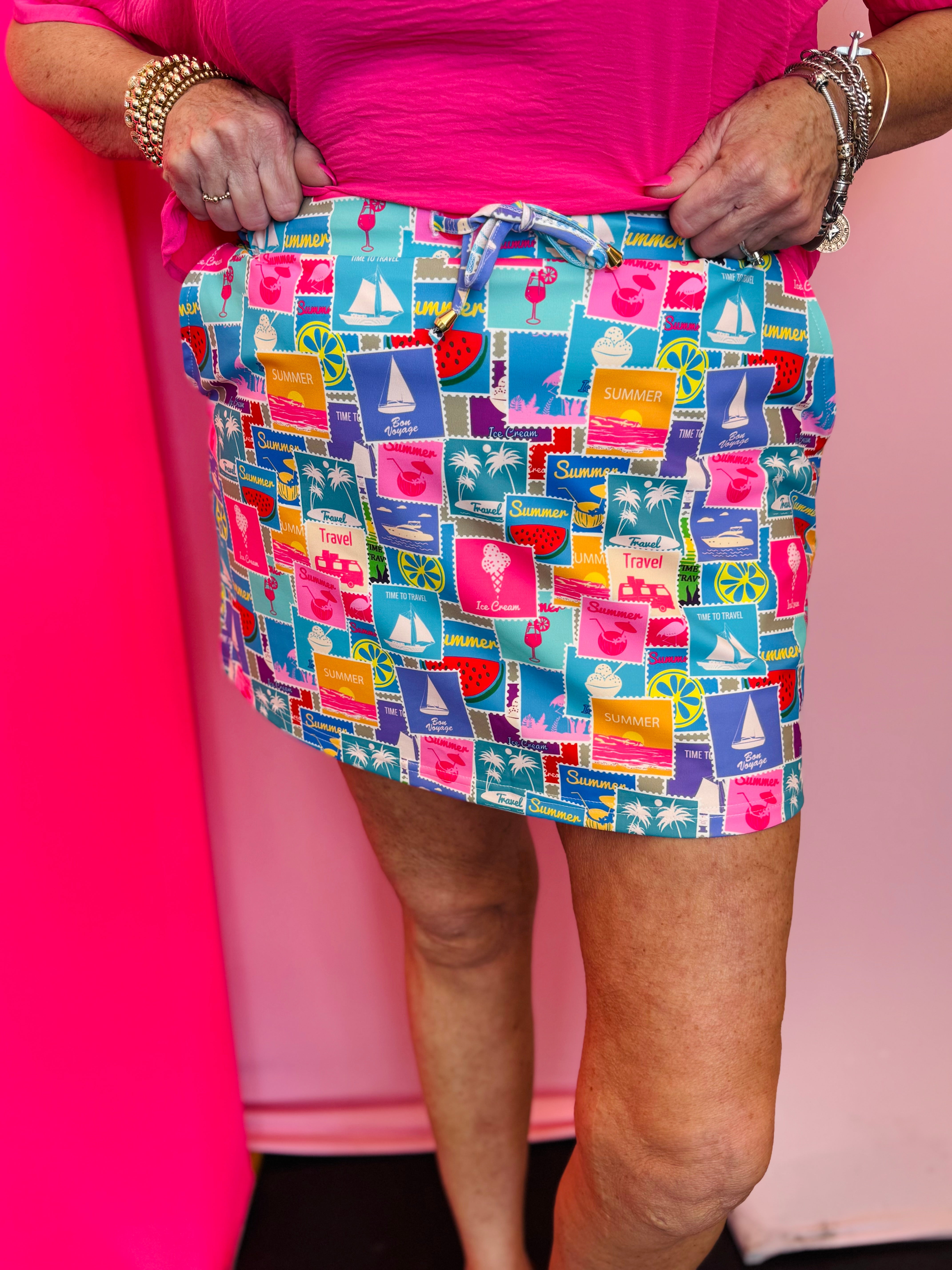 Tropical print skort with built-in shorts and elastic waistband
