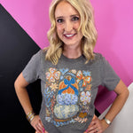 Heather grey pumpkin graphic tee with blue florals, rhinestones, and a sparkling bow.