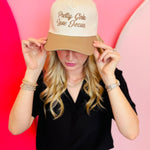 Two tone brown and beige hat with pretty girls love Jesus text and adjustable strap