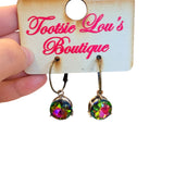 Gold hoop earrings with rainbow crystal prism charm
