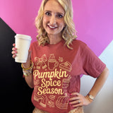 Rust Pumpkin Spice Season tee with vintage drinks, pumpkins, pie, leaves, scarf, and bow graphics.