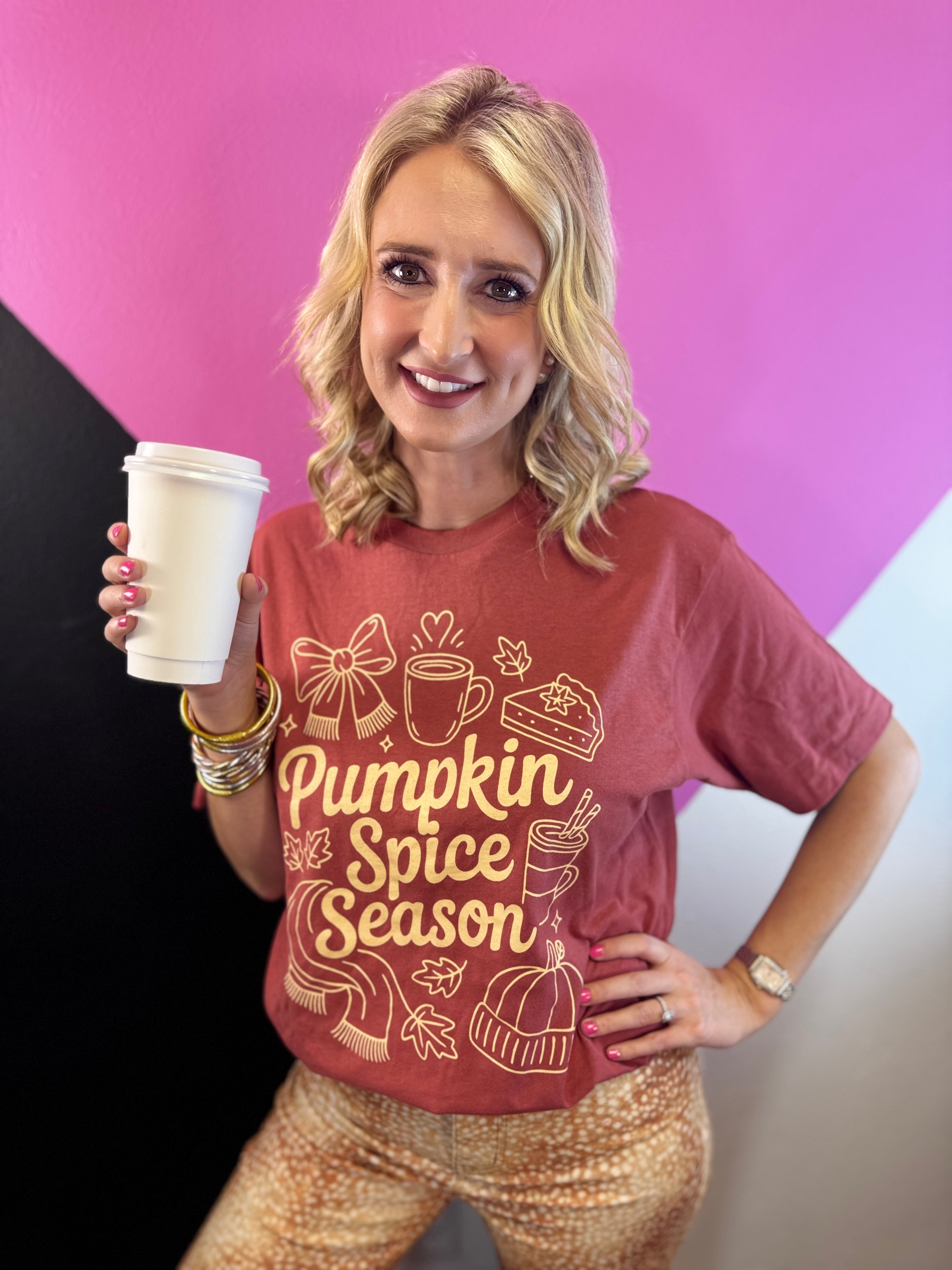 Rust Pumpkin Spice Season tee with vintage drinks, pumpkins, pie, leaves, scarf, and bow graphics.