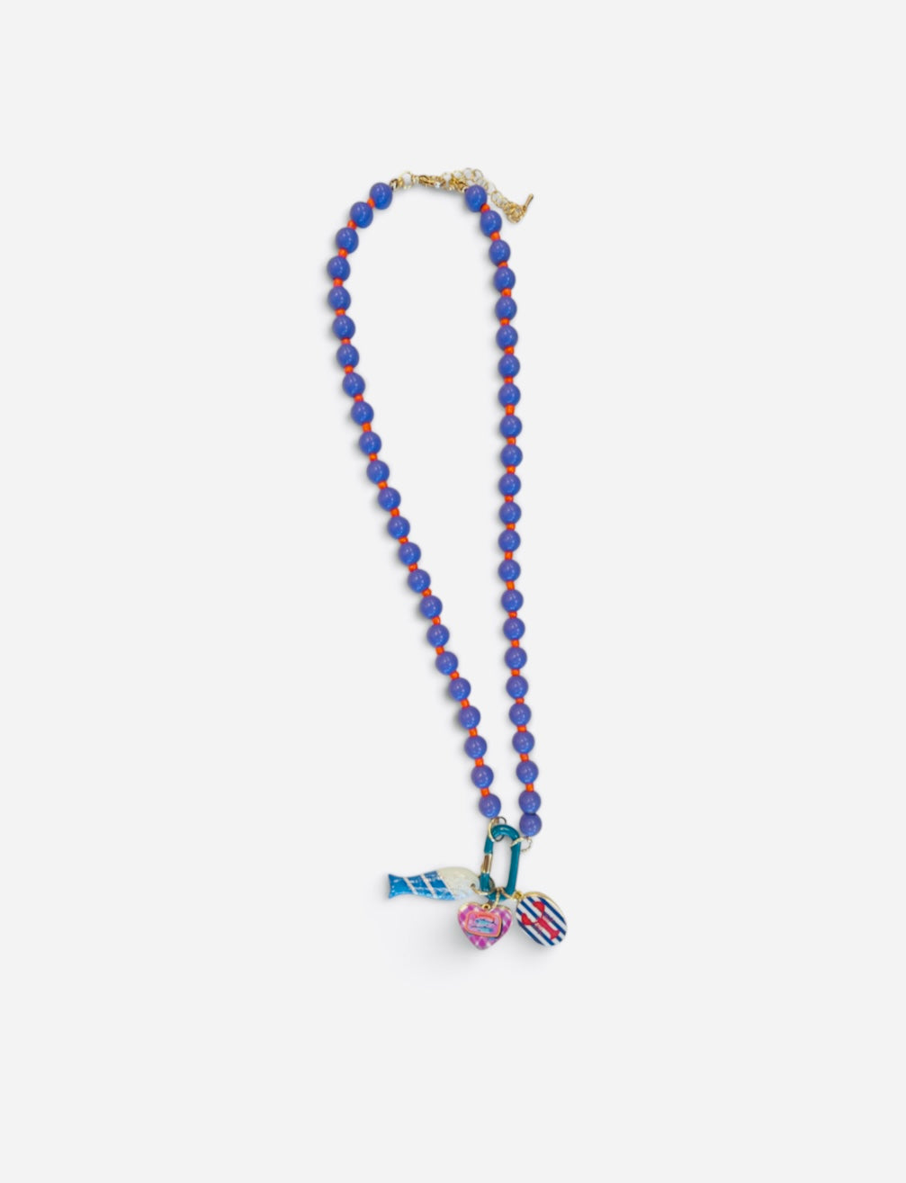 Purple beaded necklace with orange accents and colorful fish, sardine, and lobster charms.