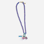 Purple beaded necklace with orange accents and colorful fish, sardine, and lobster charms.