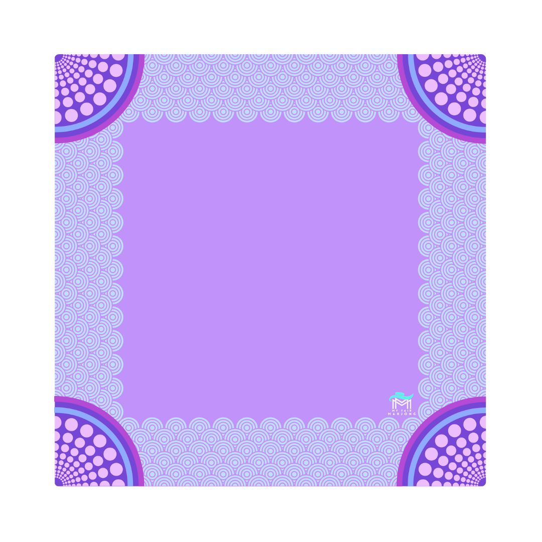 Purple Confetti Mahjong mat with colorful dot patterns and festive design.