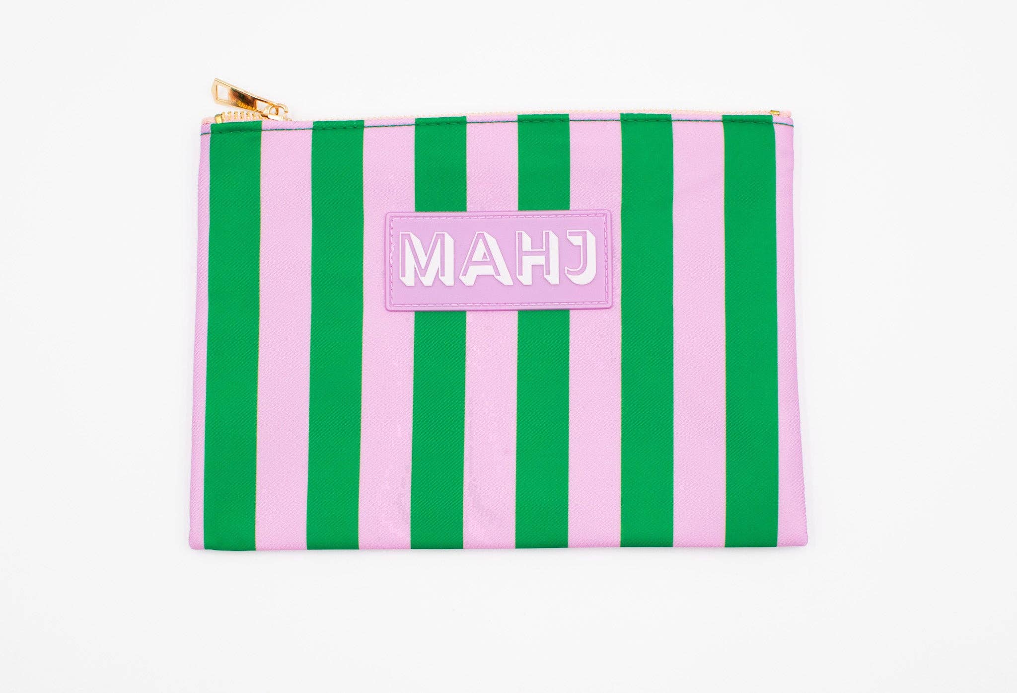 Purple and green striped Mahjong accessory bag with zipper and MAHJ patch.