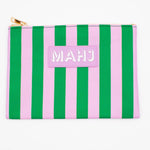 Purple and green striped Mahjong accessory bag with zipper and MAHJ patch.
