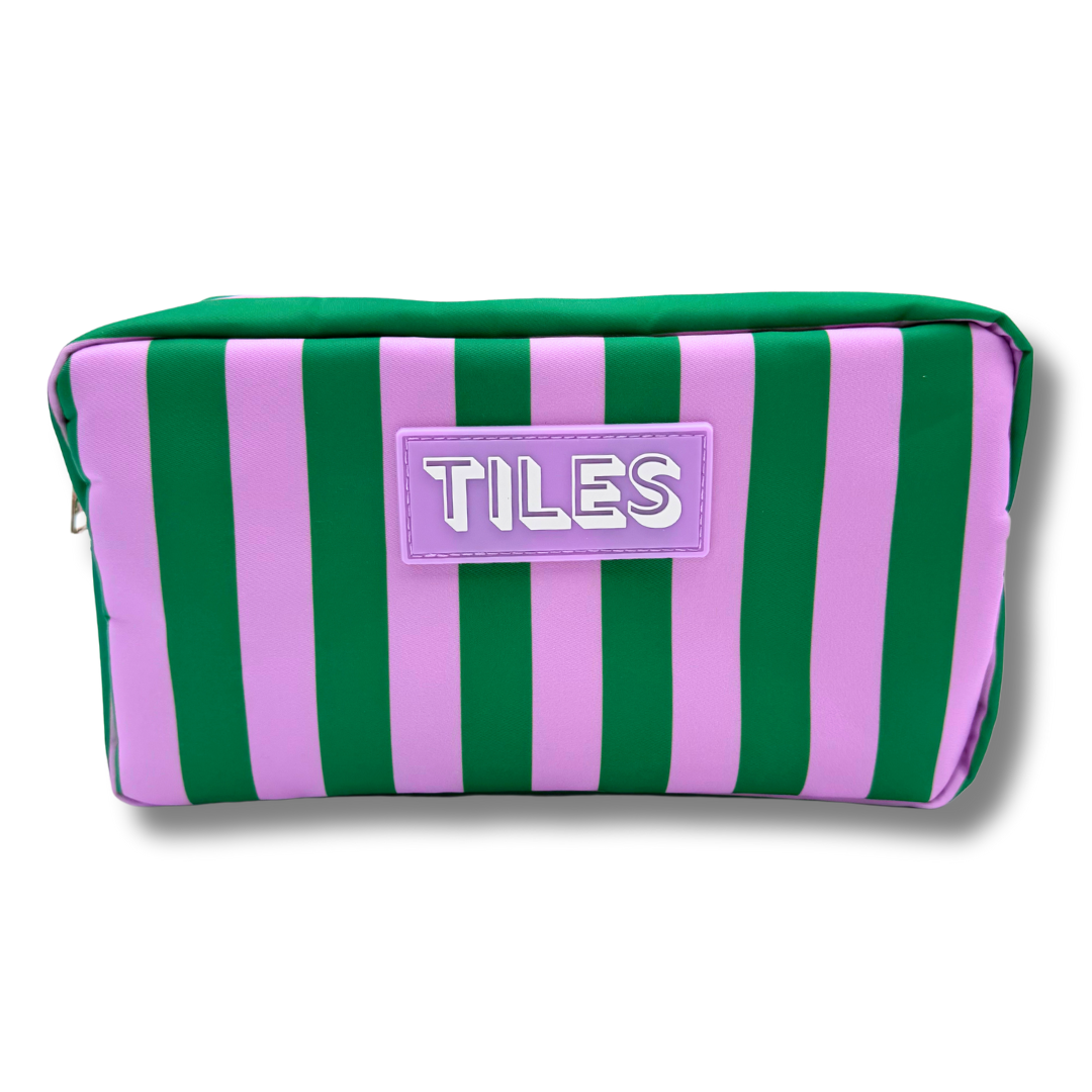 Purple and green striped Mahjong tile bag with sewn-on Tiles patch.