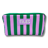 Purple and green striped Mahjong tile bag with sewn-on Tiles patch.
