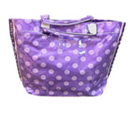 Purple PVC tote bag with dark purple sides, light purple polka dots, and sturdy handles.