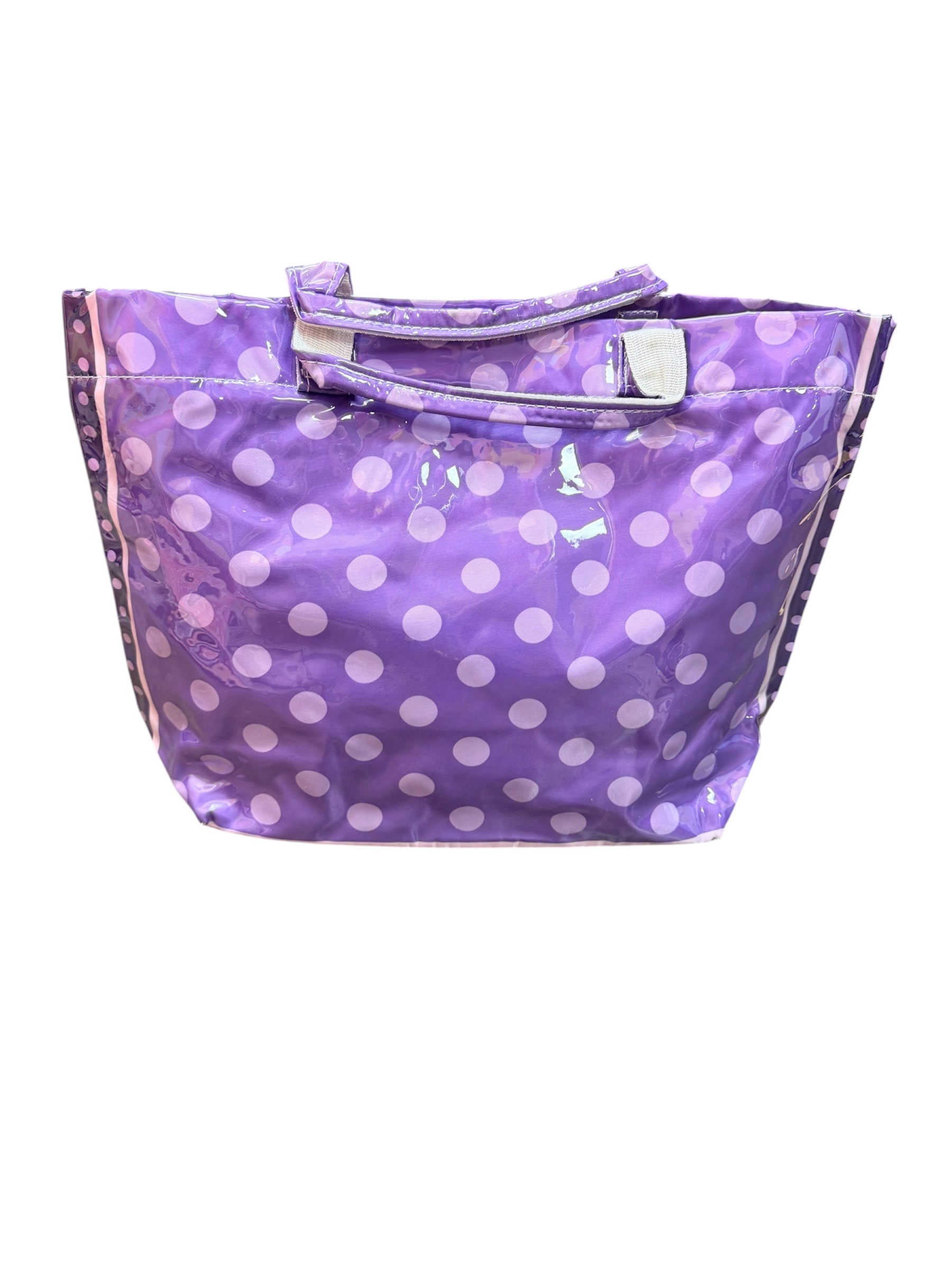 Purple PVC tote bag with dark purple sides, light purple polka dots, and sturdy handles.